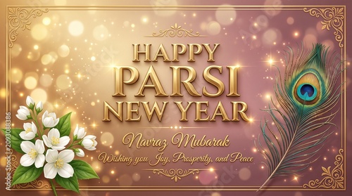 Happy Parsi New Year Vector Greeting Card Banner with Navroz Mubarak Wish, Golden 3D Typography, Jasmine Flowers, and Peacock Feather Background