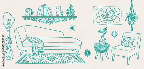 Obraz na plátně Cozy interior living room, hand drawn furniture sketch wallpaper, domestic home