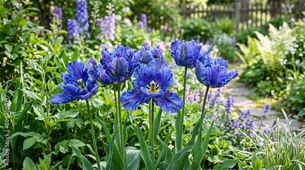 Fototapeta premium Vibrant blue irises blooming in a lush garden during springtime.