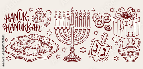 Tableau sur toile Jewish Hanukkah holiday doodle background, traditional menorah line art pattern,