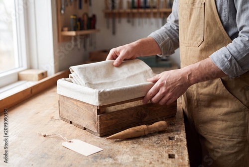 Artisan Preparing Linen Textile Products For Shipment In A Rustic Wood Workshop