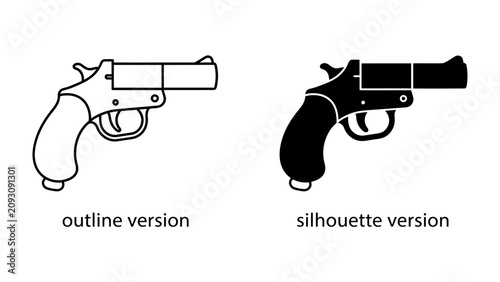 фотографія Revolver Icons: A pair of distinct icons showcasing a revolver in both outline and silhouette versions, representing classic firearm design