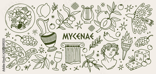 Photos Ancient Greece history doodle background, Mycenae culture line art pattern, myth