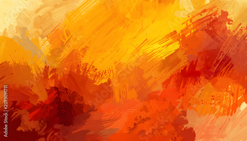 Vibrant abstract painted background with thick brush strokes in warm red orange and yellow autumn colors