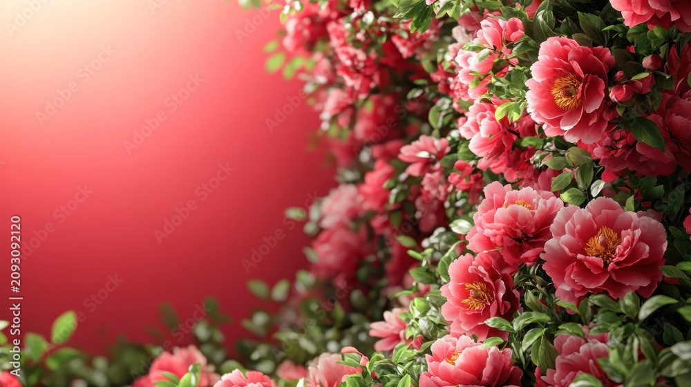 Obraz premium Lush pink flowers cascading against a vibrant red backdrop