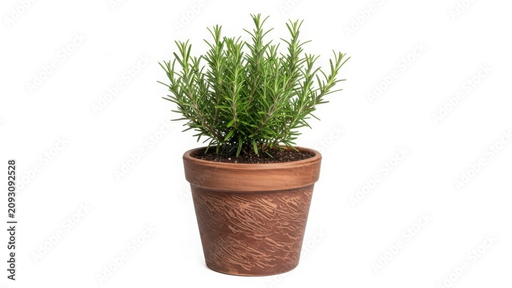 Fototapeta premium Small rosemary plant in terracotta pot isolated on white background
