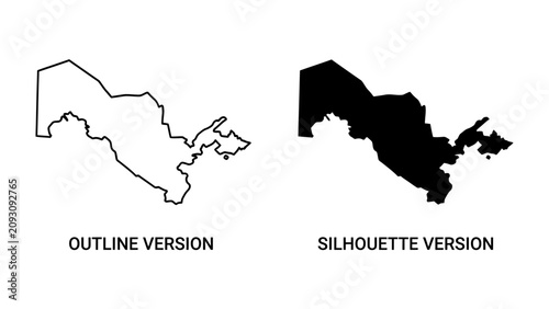 Cuadro en lienzo Outline and Silhouette Maps of Uzbekistan: Two representations of the country of Uzbekistan, one as a thin black outline and the other as a solid black silhouette