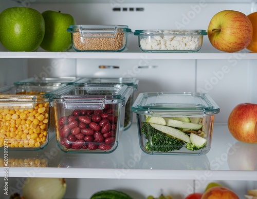 Glass Food Containers And Fresh Vegetables Arranged Inside A Modern Refrigerator