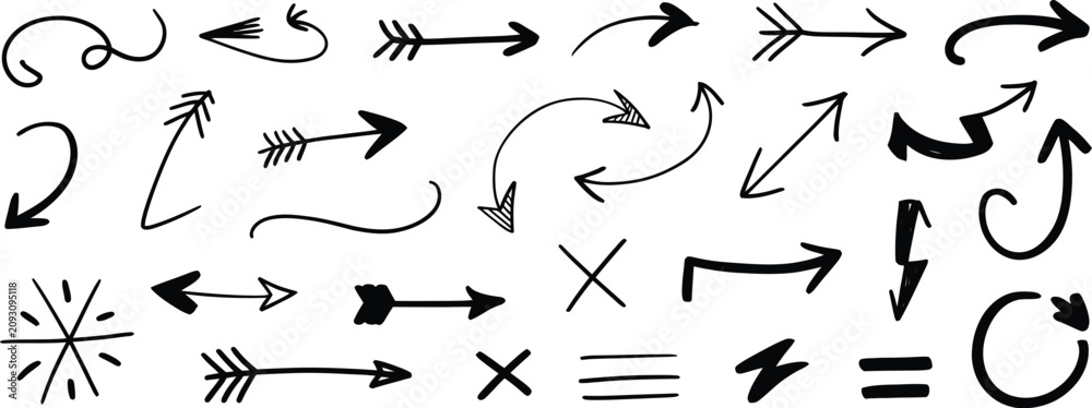 Fototapeta premium Doodle Arrow Icon in black hand-drawn style featuring curved arrows, sketch direction signs, loop symbols, and ink pointers for notes and highlights.
