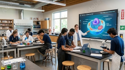Students learning biology in a modern classroom setting