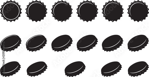 Black bottle caps, vector icons, isolated on white background, packaging design elements