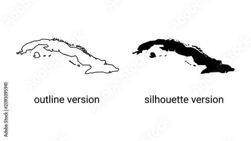 Photos Cuba Map Outline and Silhouette: Two representations of the island nation of Cuba, one as a clean outline and the other as a solid silhouette, useful for design and illustration