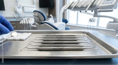 Dental tools on tray prepared for procedure