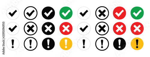 Obraz na plátně Set of Icons: A collection of circular icons featuring checkmarks, crosses, and exclamation points in red, green, black, and yellow, symbolizing correct, incorrect, and warning status