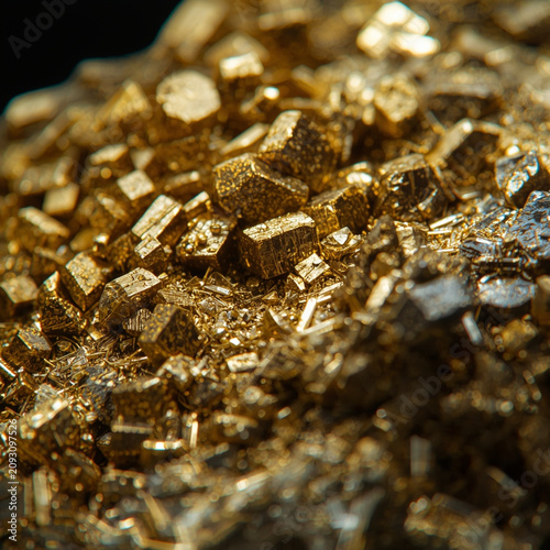 A close-up view of a gold ore sample with crystalline structures