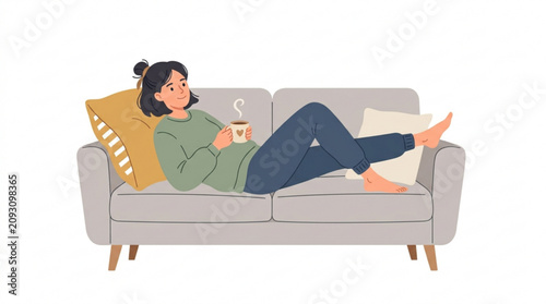 Bild auf Leinwand Woman relaxing on sofa with coffee with lying sofa cup illustration lifestyle le