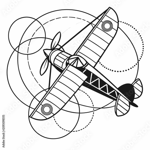 Tableau sur toile Vintage biplane aircraft graphic line art design with airplane aircraft aviation