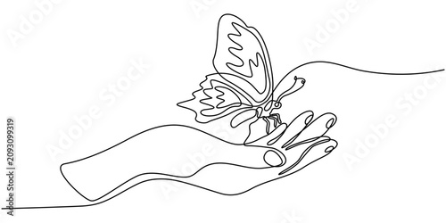 Konstfotografi Continuous Line Art Minimalist Illustration of a Delicate Butterfly Resting Upon