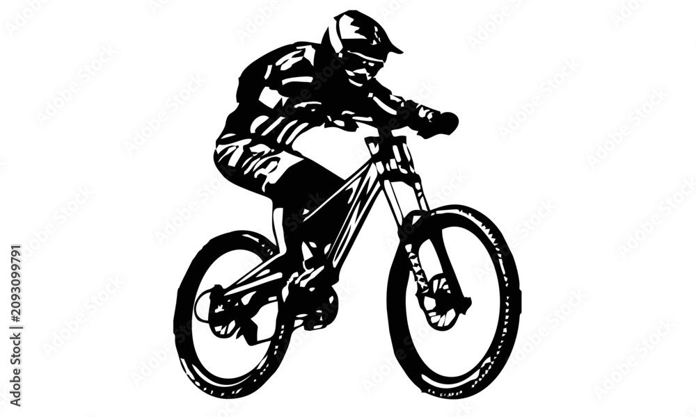 Obraz premium Mountain biker vector silhouette. Extreme downhill mtb rider illustration, black and white sports graphic element isolated on white background.