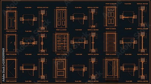 Architectural Door Library Front Elevation and Plan View CAD Blueprint Vector Set Detailed AutoCAD Technical Drawing