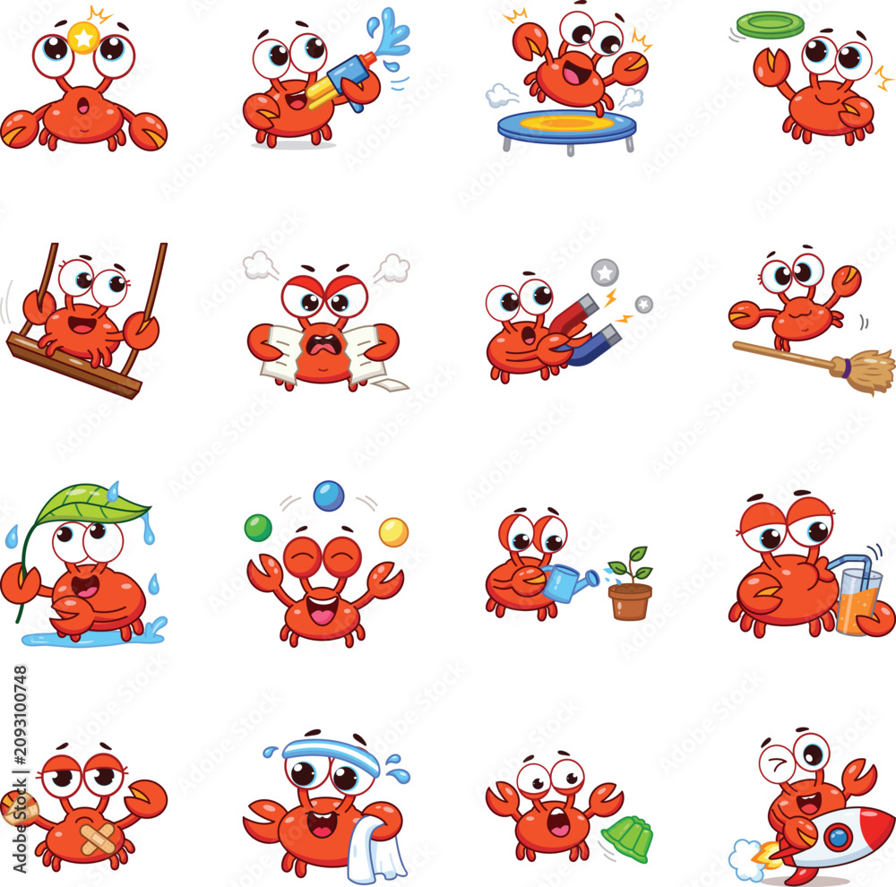 Fototapeta premium Playful crab icons featuring ideas, water fun, outdoor games, gardening, weather, magic, cleaning, space, food, and household activities in a flat vector style. 