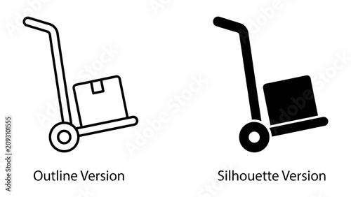 Fotografie Two Hand Truck Icon: A pair of contrasting hand truck icons, one outlined and one silhouetted, both carrying a box, representing logistics and delivery solutions