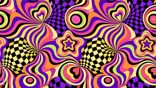 Psychedelic 70s Retro Seamless Pattern with Swirling Hearts Stars and Optical Checkerboard Illusion in Purple Pink Orange Yellow Vector Illustration
