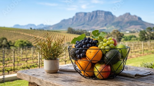 Fresh assorted South African fruits in a modern wire basket on a rustic wooden table overlooking a scenic vineyard and Cape Town mountains.