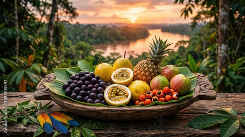 Fresh exotic Brazilian fruits including acai, passion fruit, and pineapple in a carved wooden bowl overlooking the Amazon river and lush jungle at sunset.
