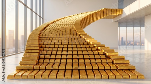 Massive sweeping architectural staircase built from stacked gold bullion bars symbolizing upward financial success in a bright modern interior with city views.