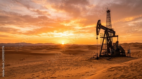 Silhouette of an industrial oil pumpjack operating in a vast sandy desert landscape during a powerful golden sunset with dramatic clouds.