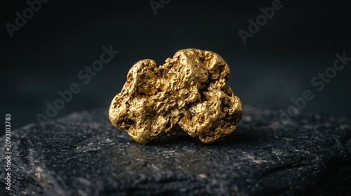 Minimalist close-up of a pure raw gold nugget resting on a dark textured black stone surface with soft diffused lighting.