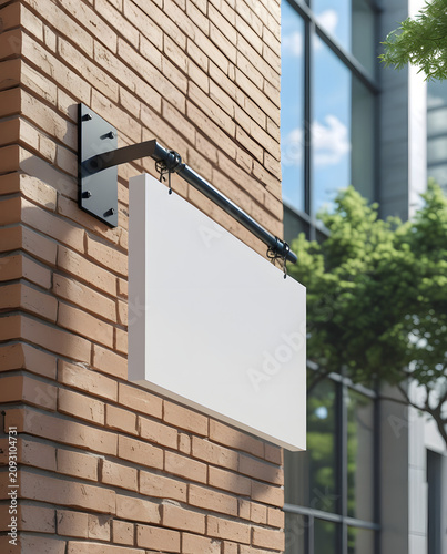 Low Angle Blank Rectangular Hanging Wall Sign Mockup on Brick Facade