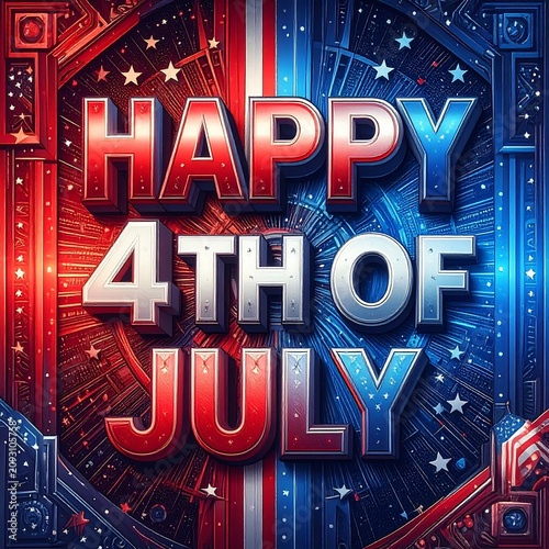 Happy 4th of July festive graphic with red and blue typography.