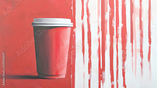 Coffee cup on a red background with paint drips at a modern art space during an afternoon