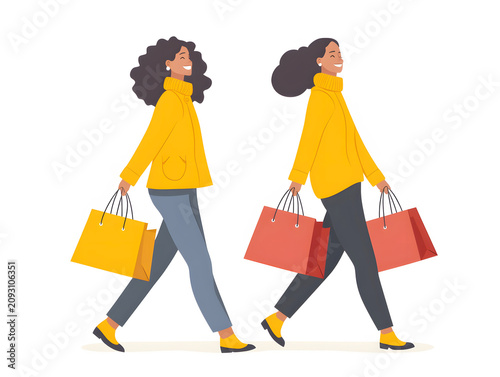 Women walk and carry shopping bags in a sunny outdoor location during the day