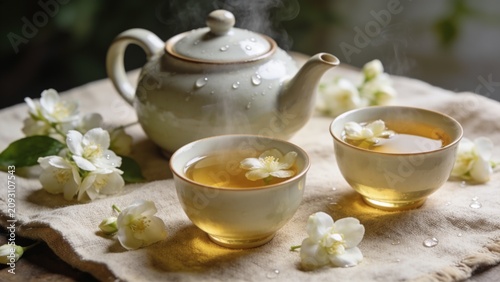 teapot and cup of tea with flowers