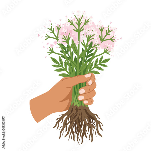 Фотография Hand holding blooming valerian plant with visible roots