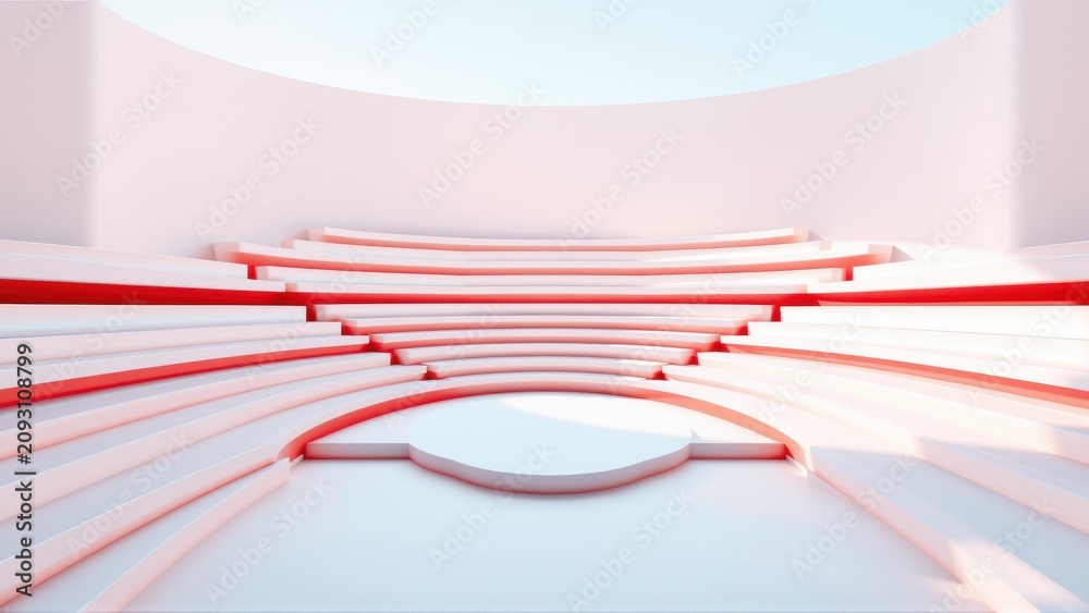 Obraz premium Minimalist stage design. Curved lines, soft lighting, empty space creates modern aesthetic. Red accents highlight geometric forms.