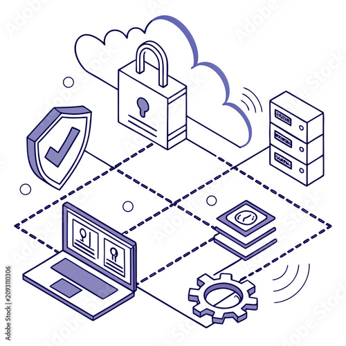 Canvastavla Isometric vector illustration of a padlock server shield and computer with a das