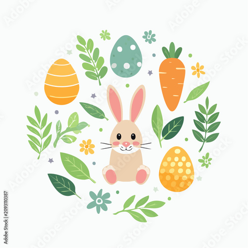 Cute Easter bunny with decorative eggs and green leaves arranged in a circular frame pattern