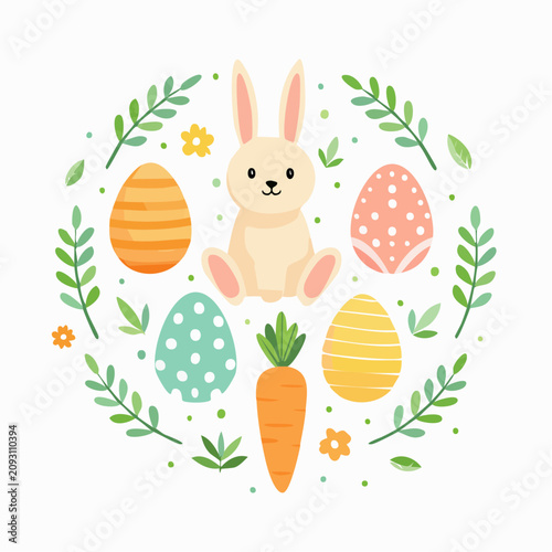 Cute Easter Bunny Surrounded by Colorful Decorated Eggs and Fresh Carrots in a Floral Wreath Design for Spring Holiday Celebrations