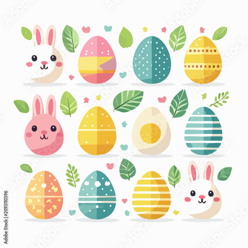Cute Easter pattern featuring colorful rabbits, decorated eggs, and green leaves on white background