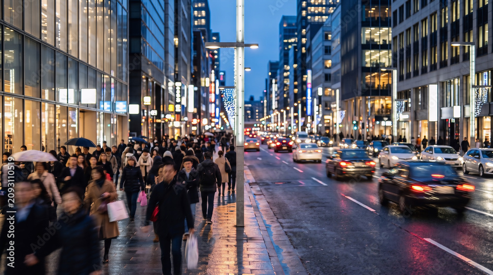 Obraz premium Busy downtown city street with blurred pedestrians and traffic at night