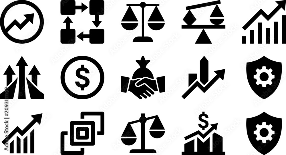 Fototapeta premium Collection of business icons including finance, industry, and commerce symbols.