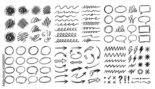 Scribble Collection: A versatile set of hand-drawn graphic elements including scribbles, waves, circles, speech bubbles, arrows, and lightning bolts, perfect for adding a creative touch to any design.