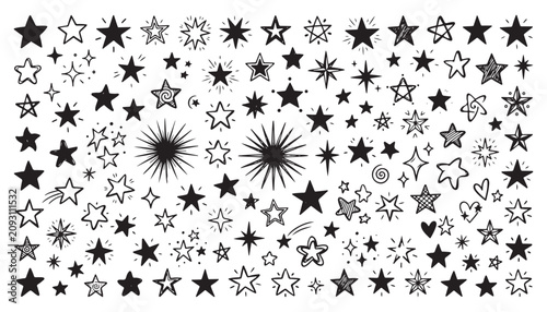 Starry Ensemble: A comprehensive collection of stars, showcasing a variety of styles from classic five-pointed shapes to abstract bursts and hand-drawn doodles.