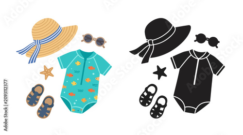 Canvastavla Baby Clothes And Accessories Colorful Illustration With Silhouette Version