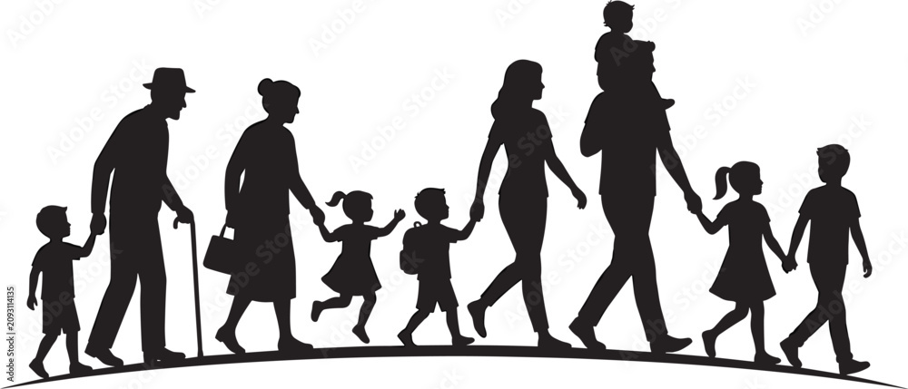 Obraz premium Multi Generation Family Walking Together Silhouette Illustration Featuring Grandparents Parents Children and Baby, Unity, Love, Care, Support, Community