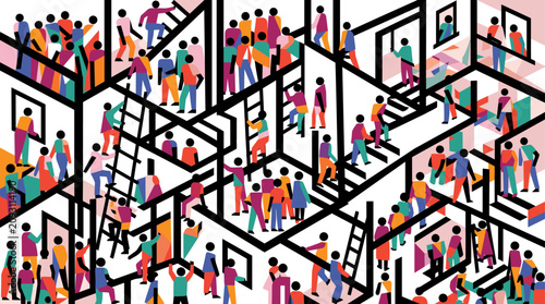 A colorful isometric maze filled with diverse people climbing ladders and stairs represents community, complexity, and navigating challenges.